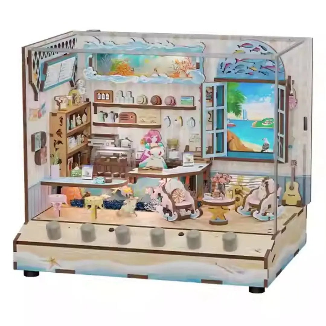 Rocoxia® Seaside Café DIY Miniature Kit with Dynamic LCD Scene, Music, and USB Power ROCOXIA